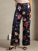[Navy Floral] Navy floral silk wide leg pants with drawstring waist on model 001