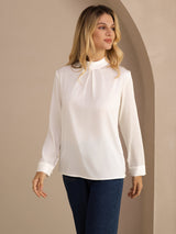 [White] SilkSilky Long Sleeve Stand Collar Women's Blouse 001