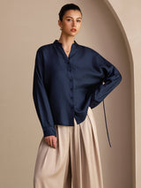 [Dark Blue] SilkSilky  Long Sleeve Split Women's Blouse 003