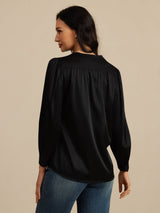 [Black] Mid-length back studio view of a model wearing black round-neck long-sleeve blouse. 002