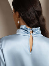 [Grayish Blue] SilkSilky  Long Sleeve Keyhole Neck Women's Blouse 005