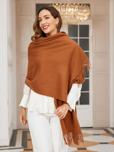 [Brown] warm brown rectangular shawl with fringed edges, styled front view, draped broadly around the shoulders. 001
