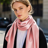 [Pale Mauve] Pink mulberry silk rectangle scarf shawl worn loosely over black coat 001
