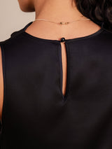 [Black] Black silk cowl neck sleeveless dress with keyhole back and button closure 005