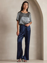 [Dark Gray] Women’s pure silk short sleeve round neck T-shirt in gray, styled with navy silk pants 006