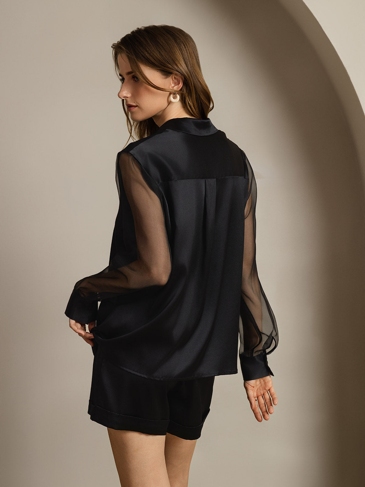 [Black] Black silk sheer sleeve lapel collar shirt with button-up back view 002