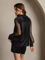 [Black] Black silk sheer sleeve lapel collar shirt with button-up back view 002
