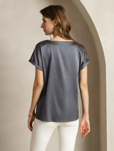 [Dark Gray] Back view of women’s gray silk short sleeve boat neck top 002