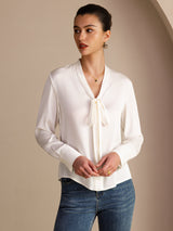 [White] SilkSilky Long Sleeve Tie Neck Women's Blouse 004