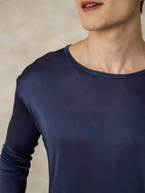 [Dark Blue] Navy men's silk jersey long john top with crew neck and long sleeves 004