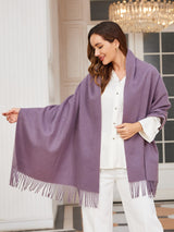 [Purple] muted purple rectangular shawl with fringed edges, styled front view, one side extended outward to show the width. 001