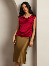 [Wine] SilkSilky  Cap Sleeve Cowl Neck Women's T-Shirt 004