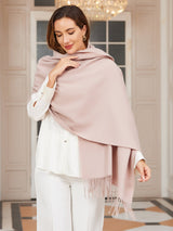 [Light Beige] Close front view of a rectangular wool shawl with fringed edges, 200 by 70 cm, in pale blush pink 004