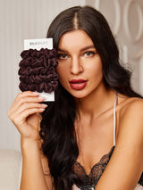 [Brown] Burgundy mulberry silk scrunchies 5-piece set on SilkSilky card 002