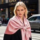 [Pale Mauve] Pink mulberry silk rectangle scarf styled as a shawl over a black coat 002