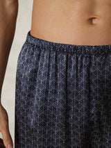 [Navy Ginkgo] Men's navy silk sleep shorts with ginkgo print and elastic waistband 007