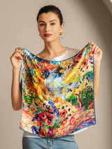 [P096] Model holding colorful oil painting 100% Mulberry silk square scarf with teal edges 003