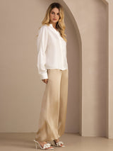 [White] SilkSilky  Long Sleeve Split Women's Blouse 005