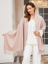 [Light Beige] pale blush pink rectangular shawl with fringed edges, styled front view, draped broadly around the shoulders. 001