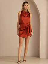 [Caramel] Red silk cowl neck sleeveless mini dress with waist tie on model 007