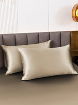[Khaki] Champagne silk pillowcases set on bed with hidden zipper, smooth 22 momme mulberry silk 001