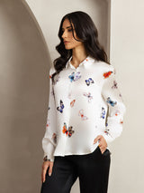 [White Butterfly] SilkSilky  Long Sleeve Lapel Collar Women's Shirts 006