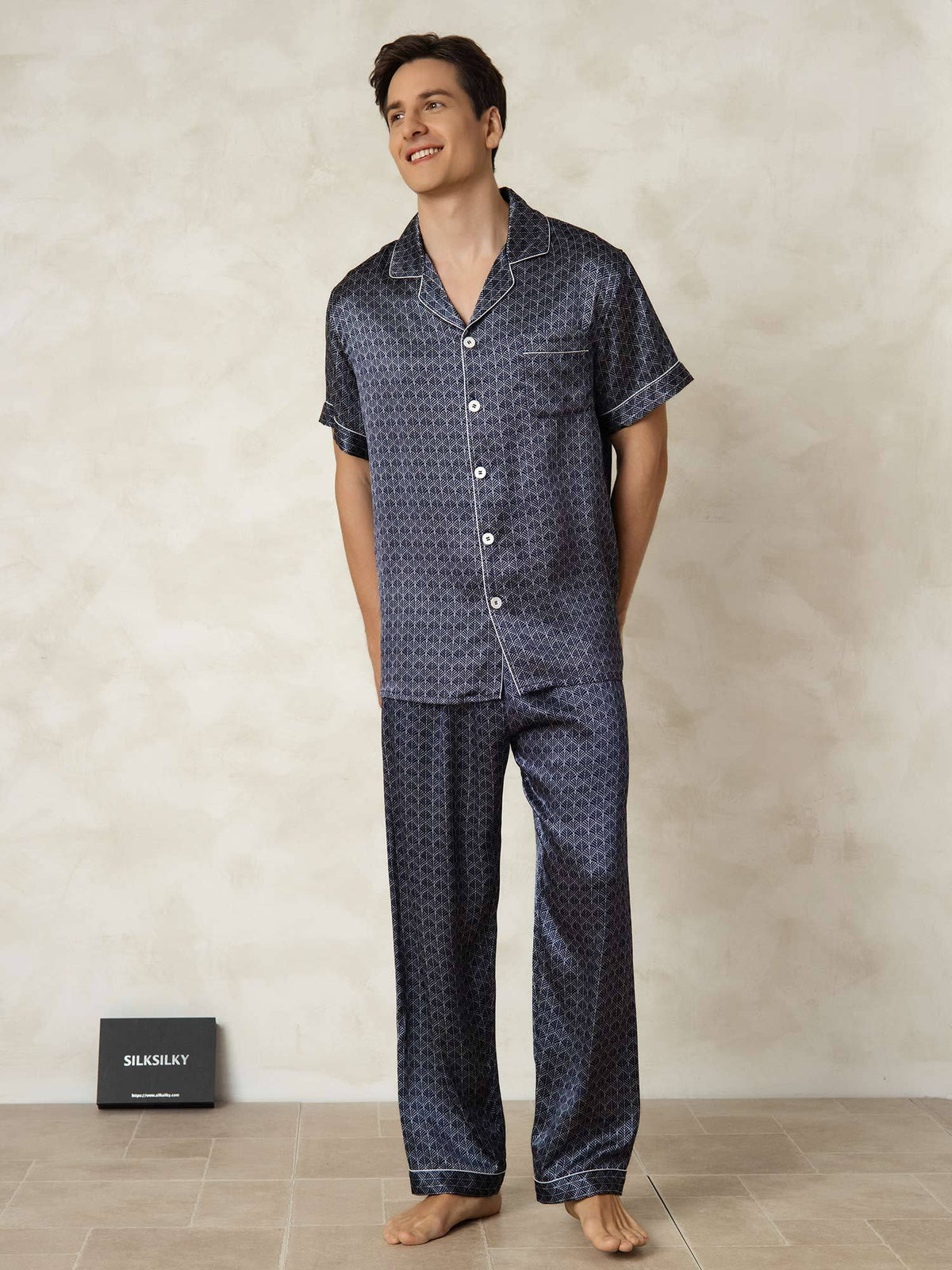 [Navy Ginkgo] SilkSilky  Short Sleeve Lapel Collar Men's Pajamas 001