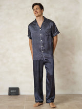 [Navy Ginkgo] SilkSilky  Short Sleeve Lapel Collar Men's Pajamas 001