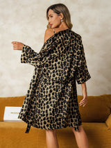 [Leopard] Leopard print Mulberry silk robe over matching nightgown, back view on model 002
