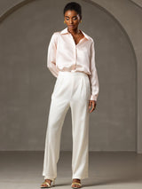 [Pink] Blush silk long sleeve lapel collar blouse with concealed placket and white wide-leg pants 006