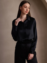 [Black] Black silk long sleeve lapel collar blouse with concealed button placket 001