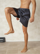 [Navy Ginkgo] Men's black mulberry silk sleep shorts with ginkgo print and elastic waist 004