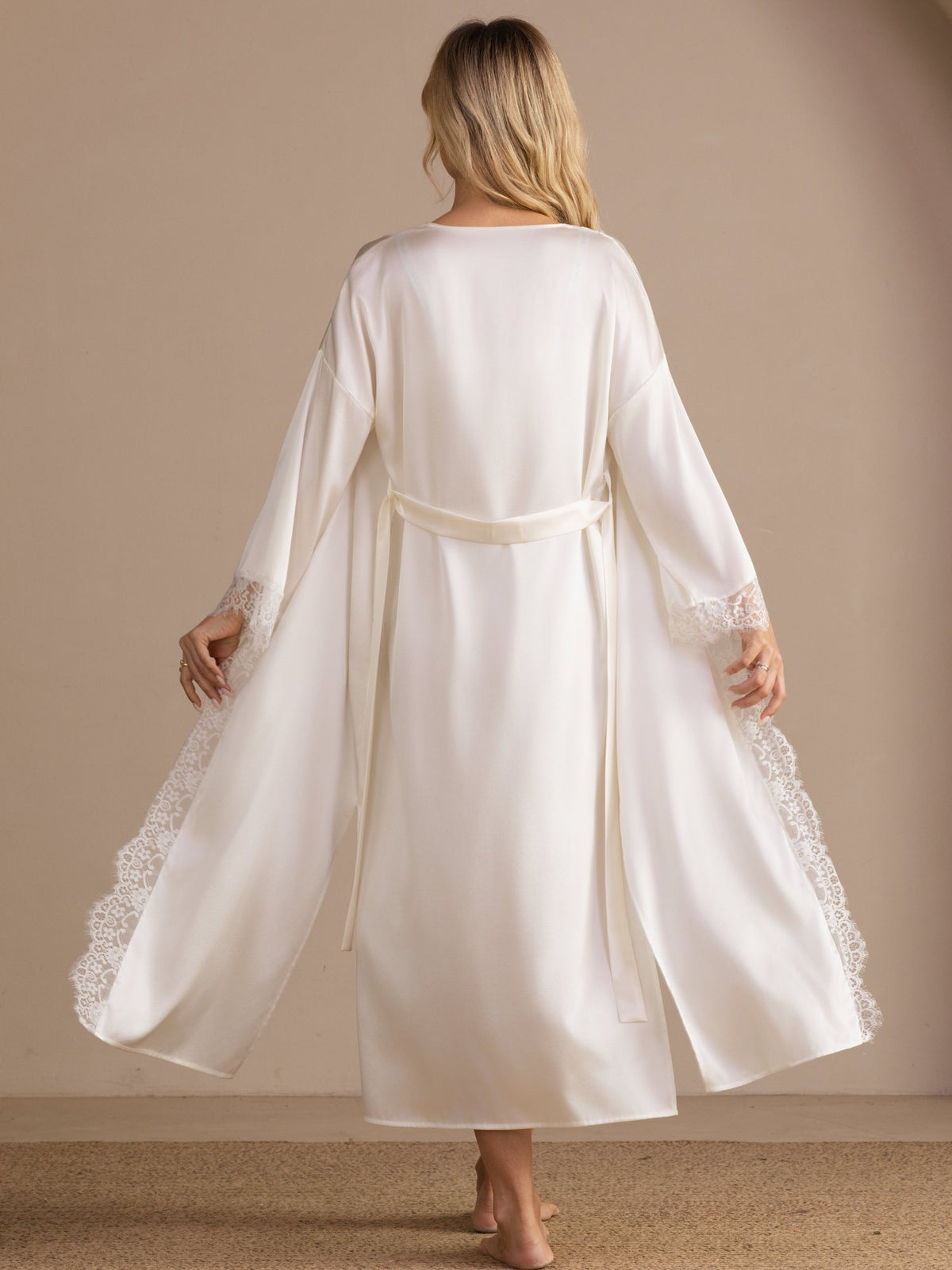 [White] Full-length back view of a long mulberry silk lace-trim robe over matching bra and briefs in white 002
