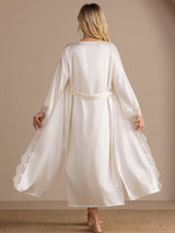 [White] Full-length back view of a long mulberry silk lace-trim robe over matching bra and briefs in white 002