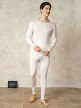 [White] Male model wearing white silk jersey long sleeve long johns with crew neck top and leggings 002