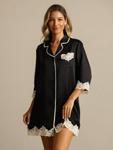 [Black] SilkSilky  Half Sleeve Lapel Collar Nightshirt 003