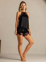 [Black] Black halter camisole and black lace-trim shorts in a full front view, with the lower hem visible. 007