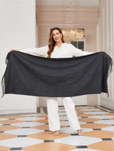[Dark Gray] Front view of the product held open: a rectangular wool shawl with fringed edges, 200 by 70 cm, in dark charcoal gray 004