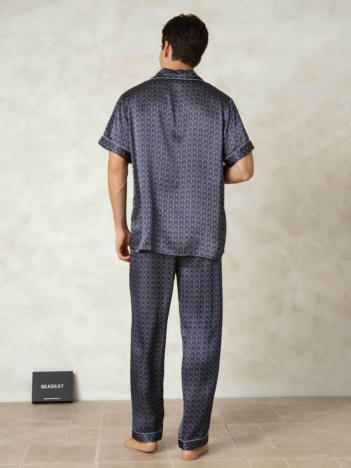 [Navy Ginkgo] SilkSilky  Short Sleeve Lapel Collar Men's Pajamas 002