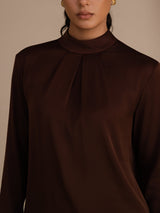 [Tan] SilkSilky Long Sleeve Stand Collar Women's Blouse 005