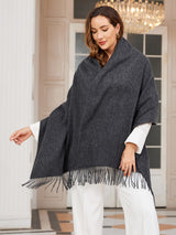 [Dark Gray] dark charcoal gray rectangular shawl with fringed edges, styled front view, draped broadly around the shoulders. 002