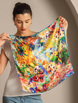 [P096] Model holding colorful floral oil painting 100% Mulberry silk square scarf with blue edge 005