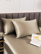 [Khaki] Champagne mulberry silk pillowcases on bed with envelope closure 002