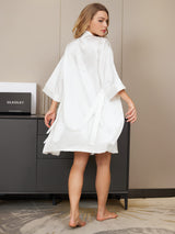 [White] White Mulberry silk kimono robe and nightgown set, back view with tie belt 002