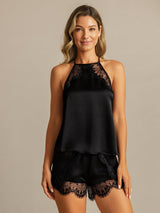 [Black] Turned three-quarter view: black halter camisole and black lace-trim shorts, showing the side line. 003