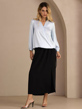 [Light Blue] SilkSilky  Long Sleeve Wrap Women's Blouse 007