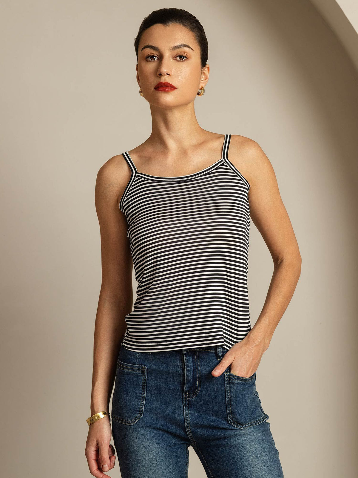 Black and white striped silk camisole top with spaghetti straps and square neckline