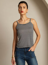 Black and white striped silk camisole top with spaghetti straps and square neckline