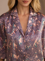 [Pink Palm] Mauve palm-print pajama shirt in a close chest-level crop, the collar, buttons, and palm print clearly visible. 005