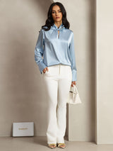 [Grayish Blue] SilkSilky  Long Sleeve Keyhole Neck Women's Blouse 010